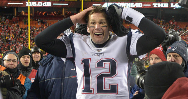 Patriots quarterback Tom Brady (12) reacts after defeating the Kansas City Chiefs during overtime in the AFC Championship game.
