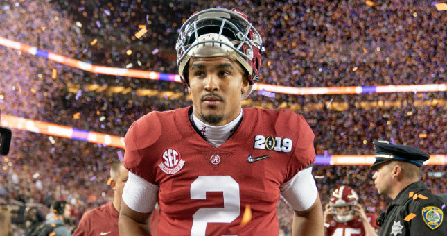 Jalen Hurts (2) after the 2019 College Football Playoff Championship game against the Clemson Tigers.