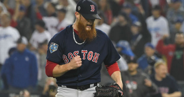 Craig Kimbrel celebrates after defeating the Los Angeles Dodgers in Game 4 of the 2018 World Series.