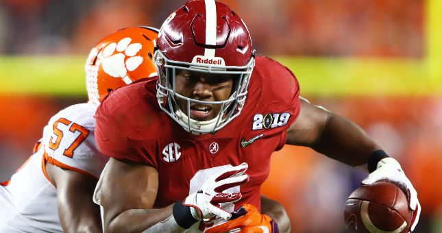 Josh Jacobs rushes against Clemson during the 2019 College Football Playoff Championship game.