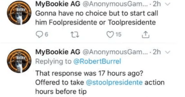 The MyBookie Twitter account took aim at Portnoy essentially labeling him a fraud.