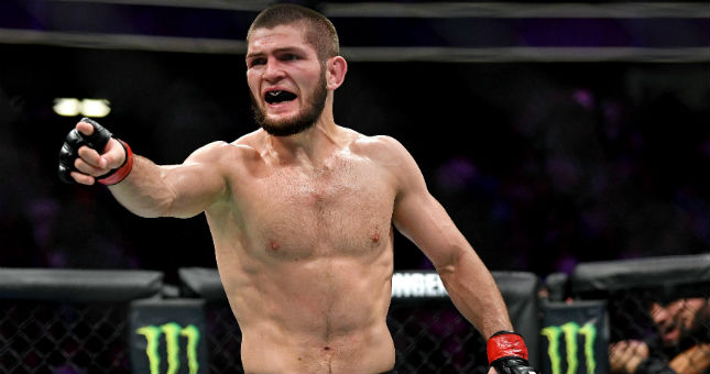Khabib Nurmagomedov reacts after his fight against Conor McGregor.