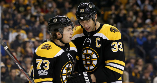 At 42, Chara has influenced defense partner Charlie McAvoy, left, who is 21.