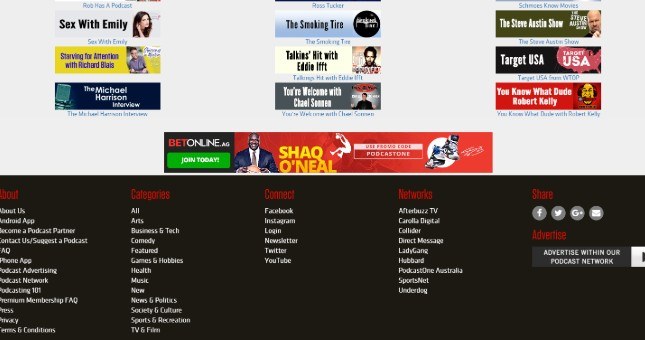 Screenshot of PodcastOne.com featuring a BetOnline.ag promotional banner.