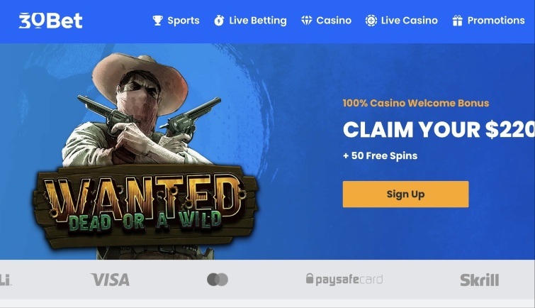 Schermafbeelding van de homepage van 30bet Casino met spelaanbod en promoties