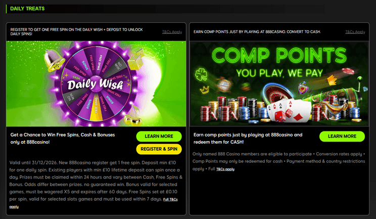 Interfaz del panel de bonos y giros gratis diarios en 888casino