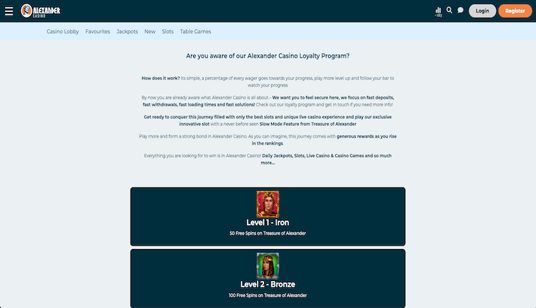 Capture d'écran du programme de fidélité et des niveaux VIP sur Alexander Casino