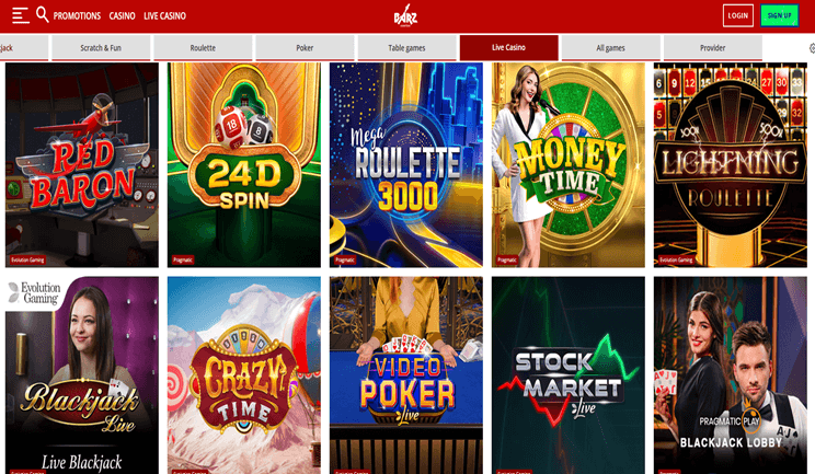 Barz Casino Live Casino Interface