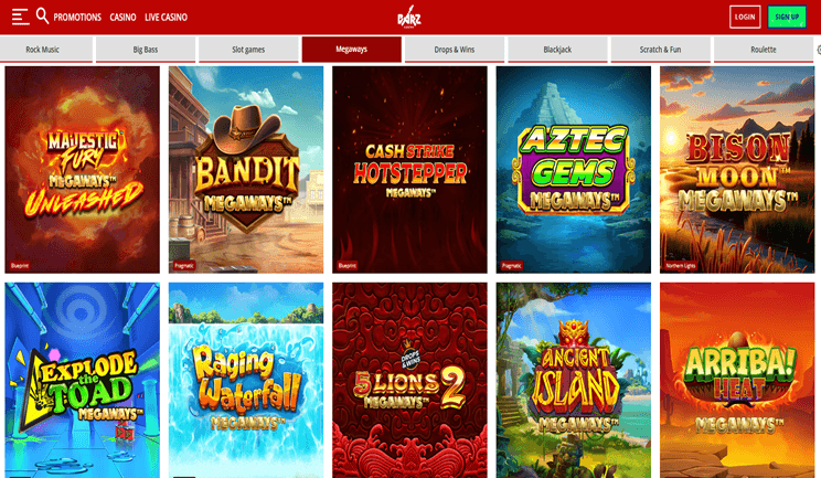 Screenshot of Barz Casino interface showcasing Megaways slots game grid