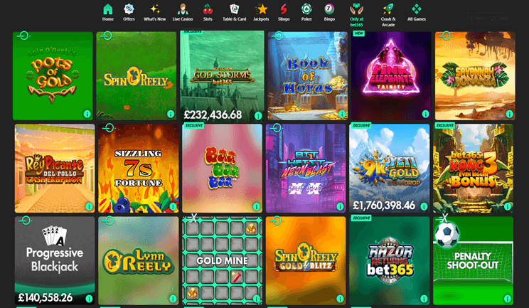 Interfaz de la aplicación Bet365 mostrando juegos de casino y opciones en vivo