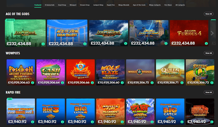 Interfaz de jackpots progresivos en Bet365 mostrando juegos como Mega Moolah