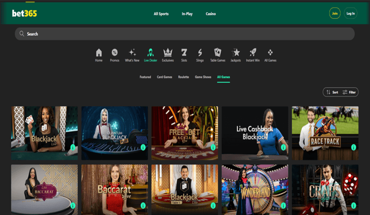 Παράθυρο ζωντανών παιχνιδιών ρουλέτας και μπλάκτζακ στο bet365 casino