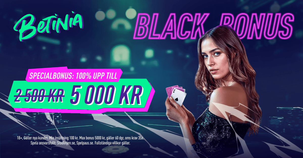 Fira Black Friday hos Betinia Casino med dubblad casino bonus upp till 5 000 KR!