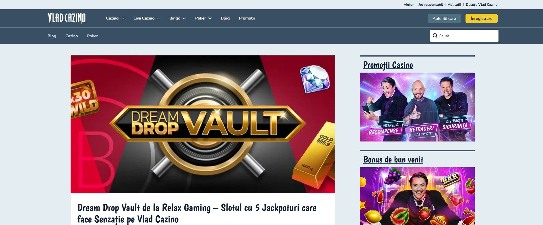 Overzichtsscherm van Vlad Cazino met diverse spellen en bonussen