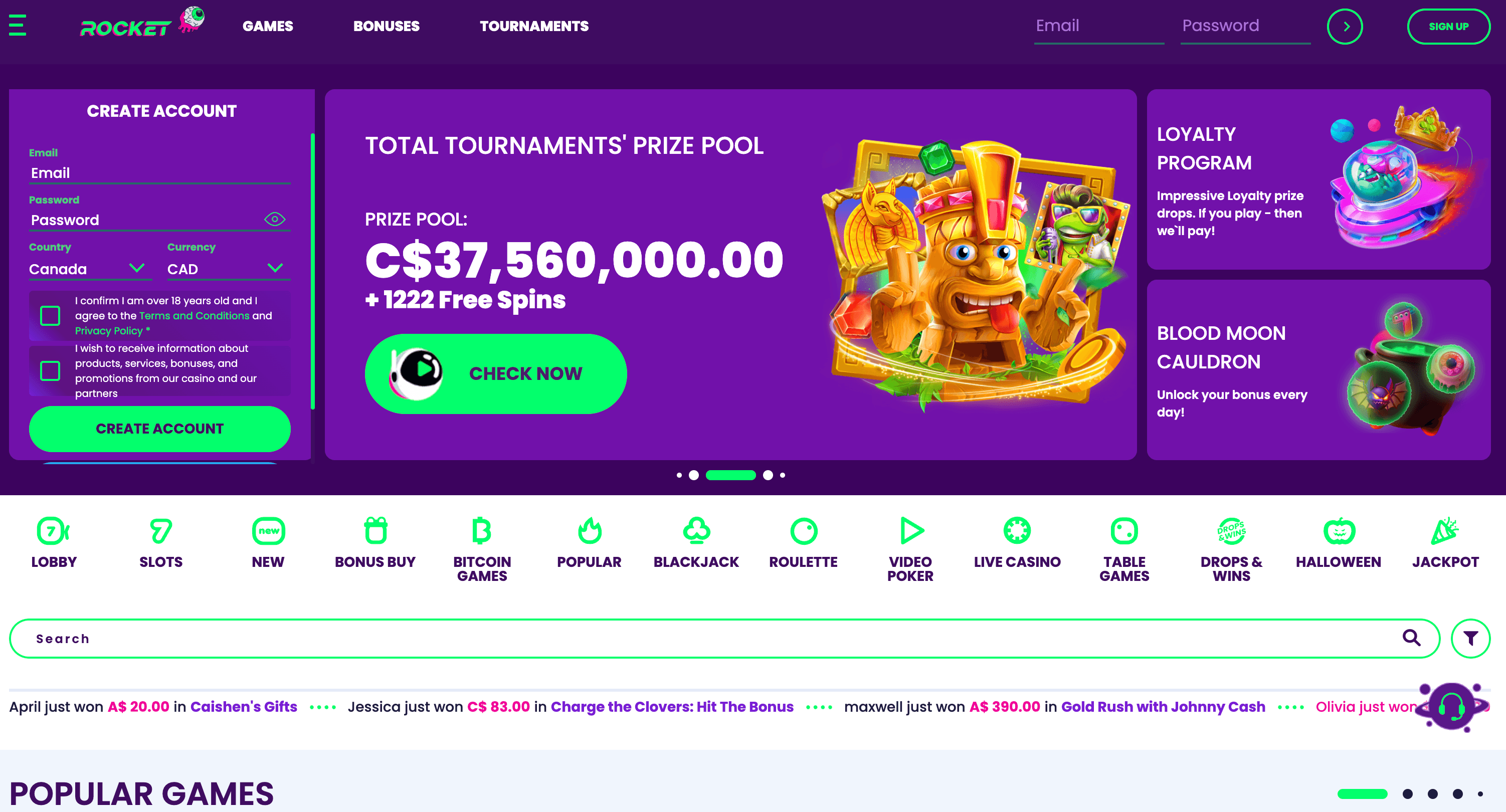 Casino Rocket platform interface showcasing games and bonuses