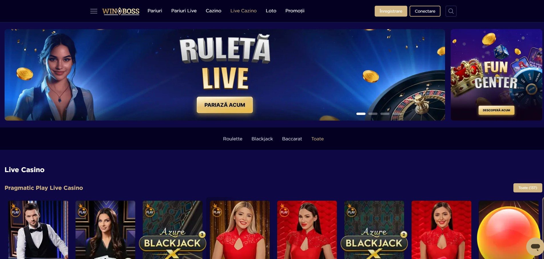 Interfața jocurilor live casino pe WinBoss