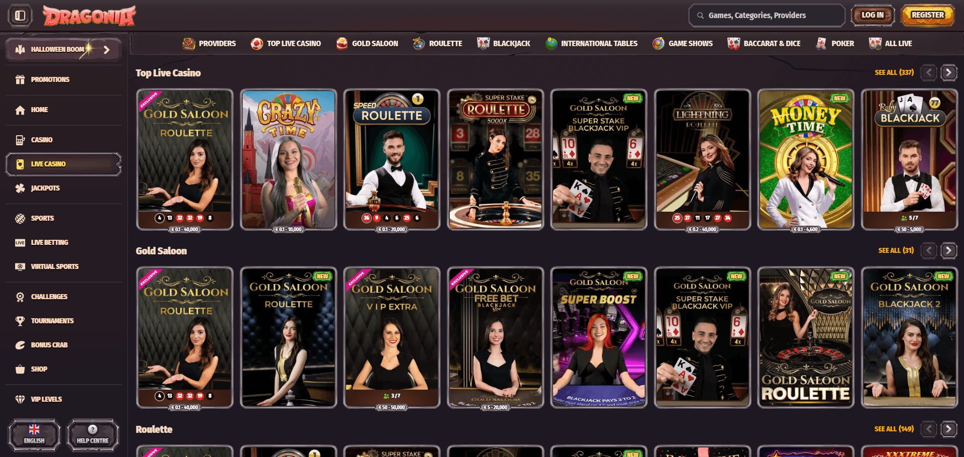 Screenshot des Live Casino Bereichs in der Dragonia App mit Roulette-Tisch und Dealer