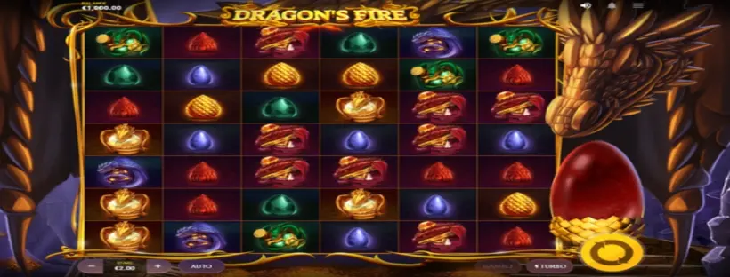 Dragon’s Fire Megaways spelplan med sex hjul fyllda med drak- och äggsymboler, draken och det röda drakägget som visar multiplikatorn