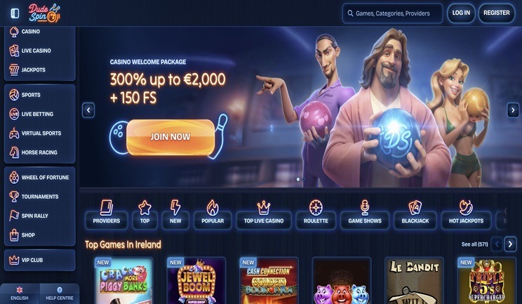 Dude Spin Casino Homepage Interface