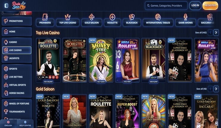 Dudespin Live Casino Game Selection