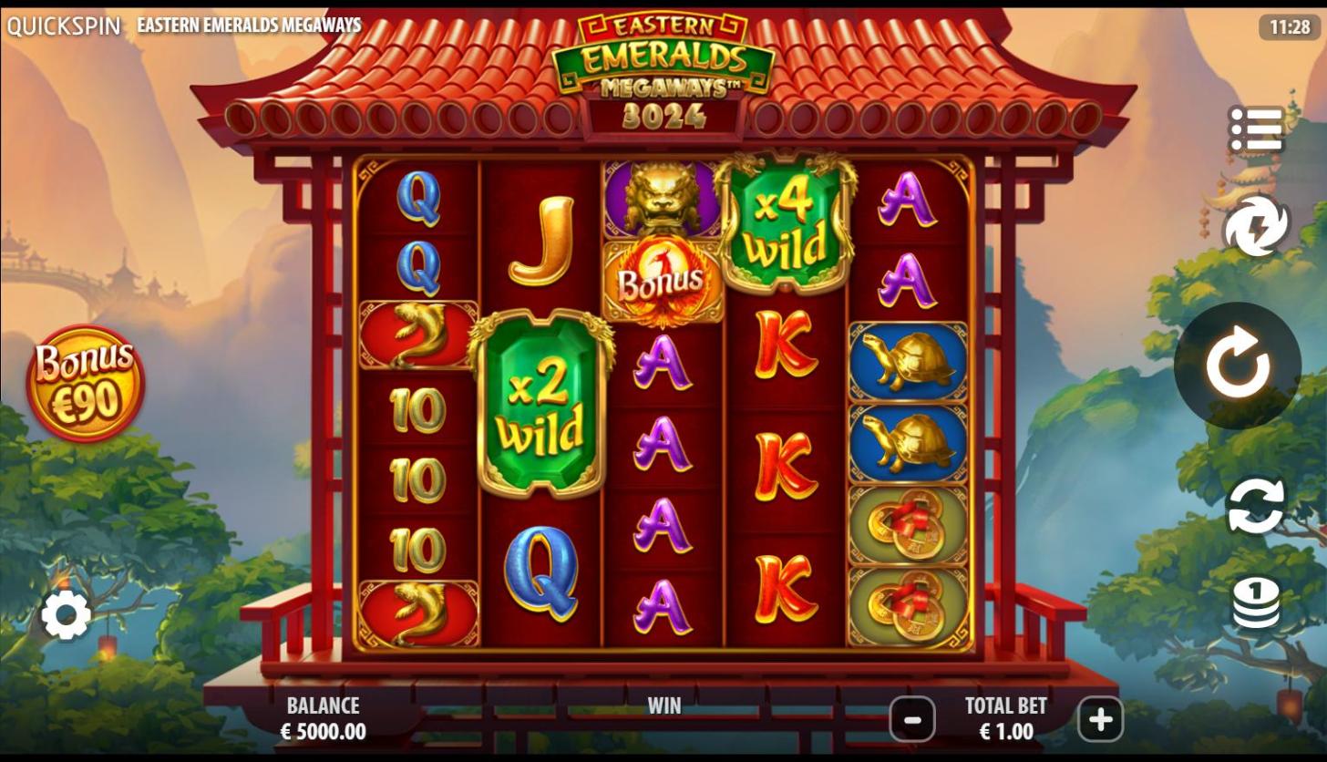 Eastern Emeralds Megaways från Quickspin med fem hjul, en x2 och en x4 multiplikatorwild, en fenix-scatter och Megaways-räknaren ovanför hjulen