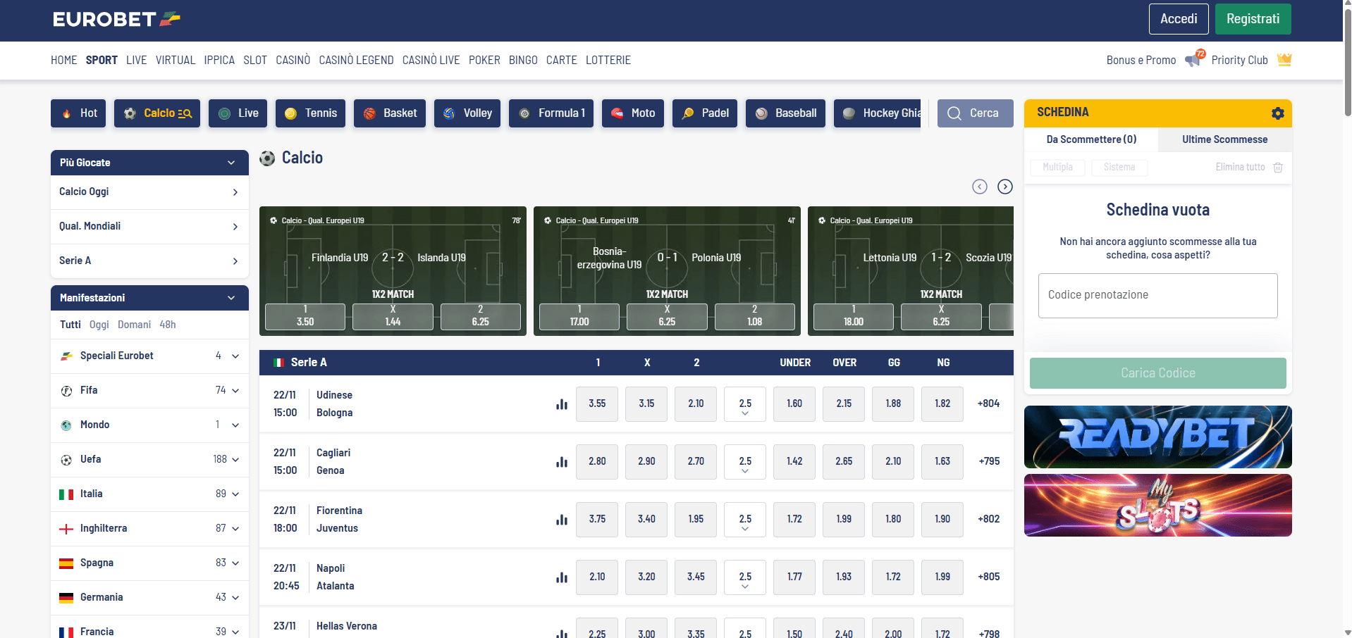 Schermata iniziale di EuroBet scommesse