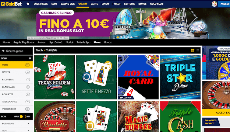 Screenshot of Goldbet casino homepage showing game lobby and promotions