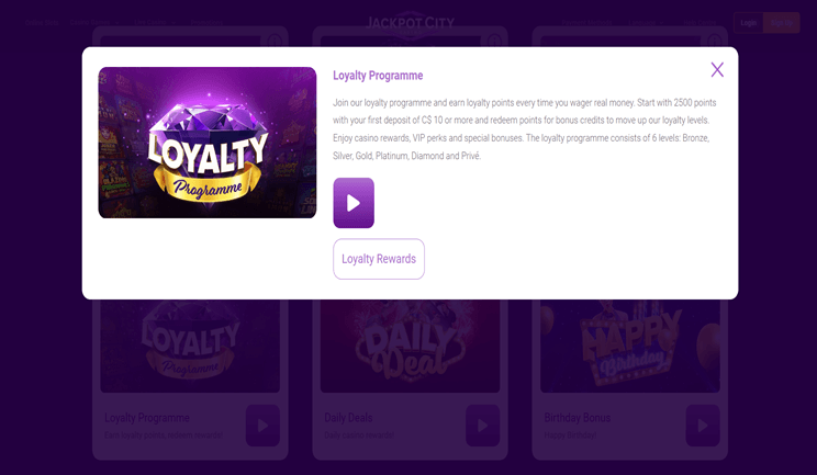 Visual breakdown of Jackpot City's loyalty tiers and associated rewards, showing progression from Bronze to VIP.