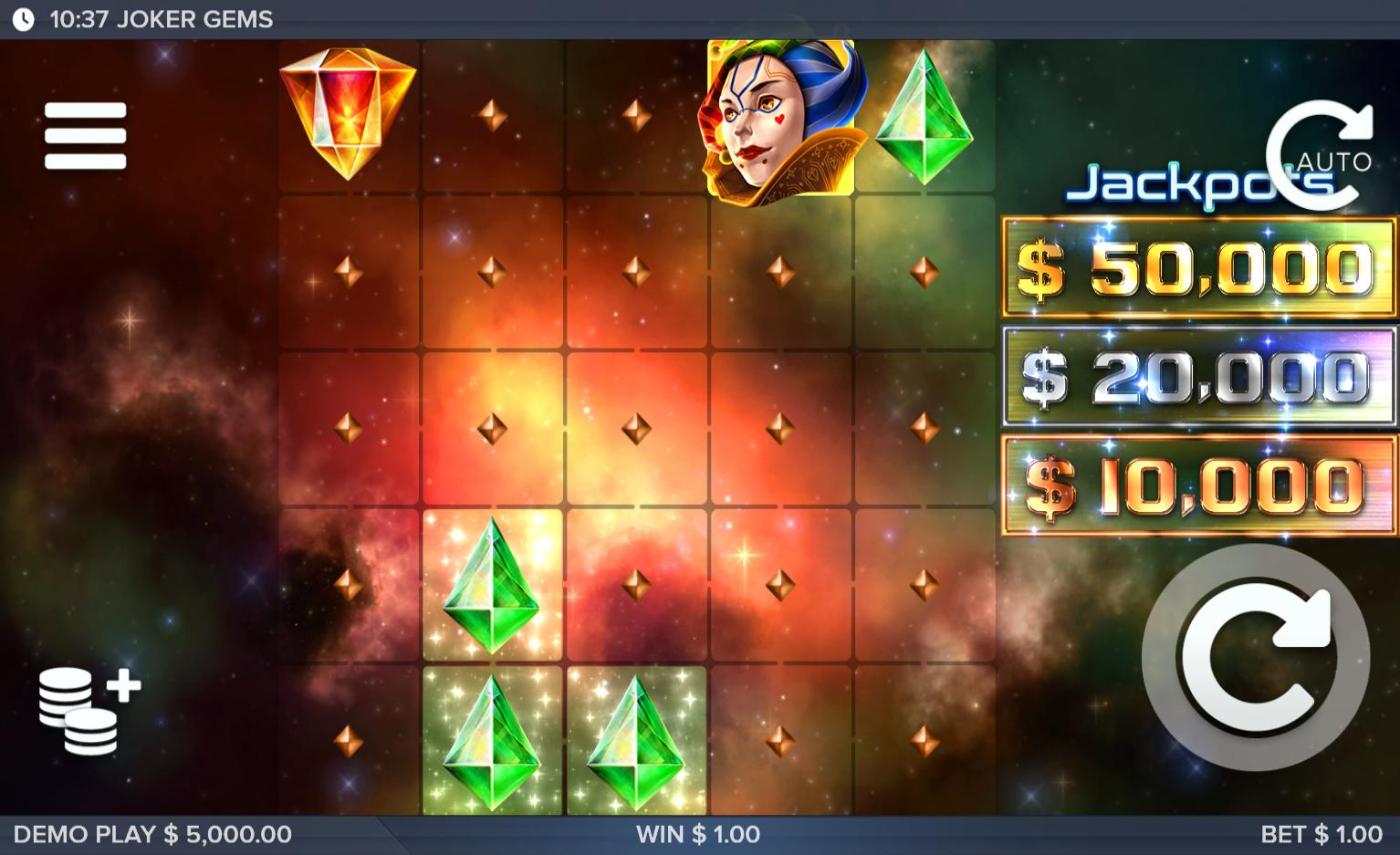 Joker Gems från Elk Studios med ett kluster av tre gröna ädelstenar, jokern på rutnätet och de tre fasta jackpottarna till höger