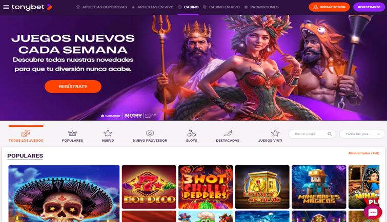Screenshot des Tonybet Casino Lobbys mit verschiedenen Spielkategorien und Promotions