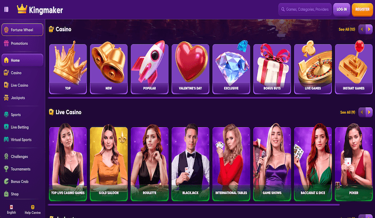 Screenshot of Kingmaker Casino homepage showcasing game lobby and promotional banners
