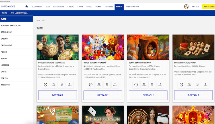 Screenshot che mostra la pagina dei bonus su una piattaforma di gioco online