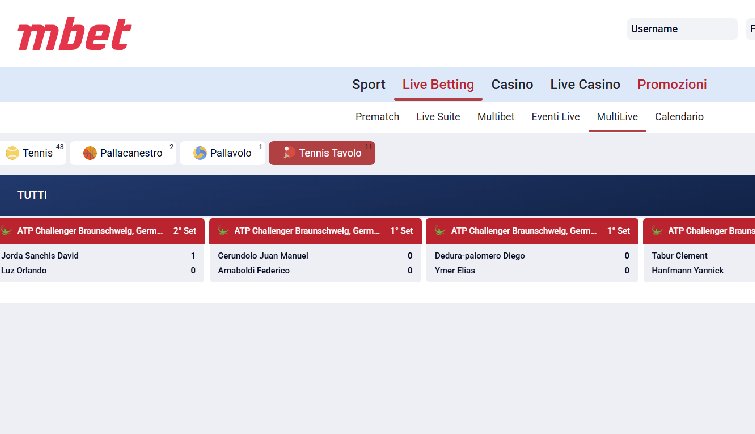 Interfaccia della piattaforma di scommessa Marathonbet che mostra eventi sportivi e quote in tempo reale