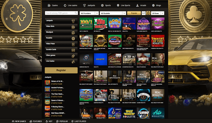 Screenshot of Mega Riches Casino game lobby showing slots and table games