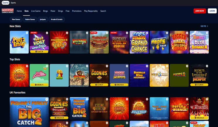 Interfaz de juego de Monopoly Casino mostrando slots temáticos y el tablero clásico