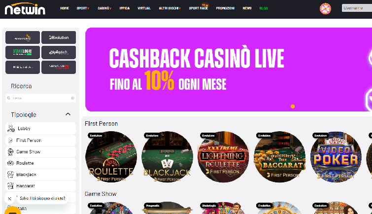 Schermata della lobby di Netwin Casino che mostra giochi live e slot
