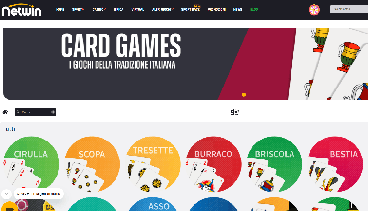 Interfaccia di gioco Netwin con carte