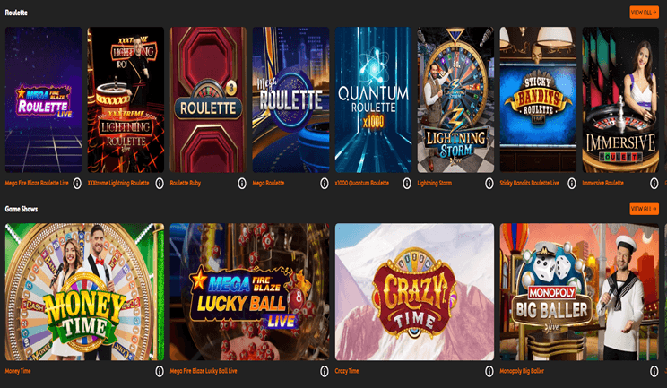 Live casino interface showing roulette and blackjack tables