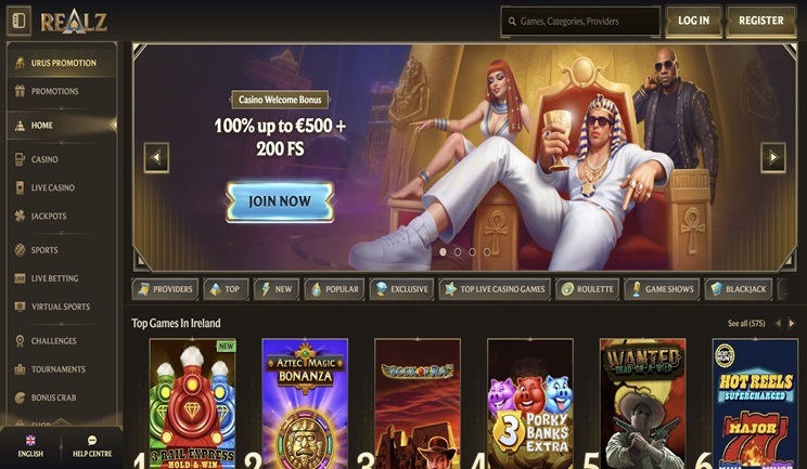 Screenshot of Realz Casino homepage showing game lobby and navigation