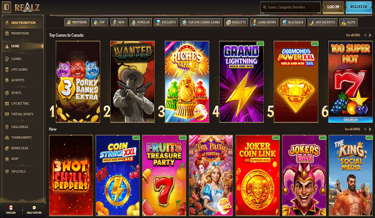 Página de inicio de Realz Casino