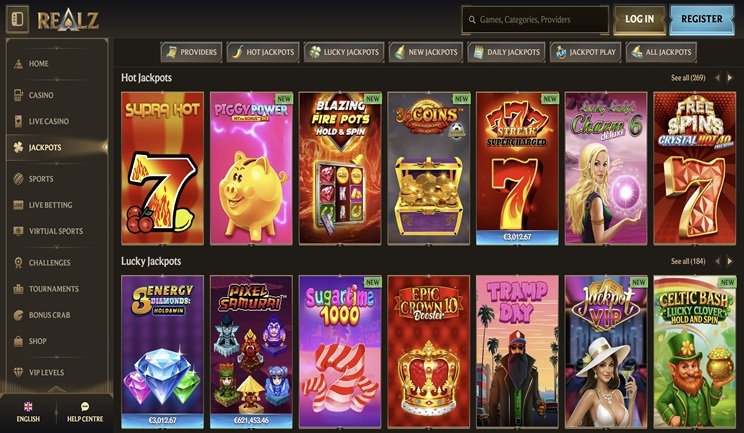 Realz Casino Jackpot Slot Interface