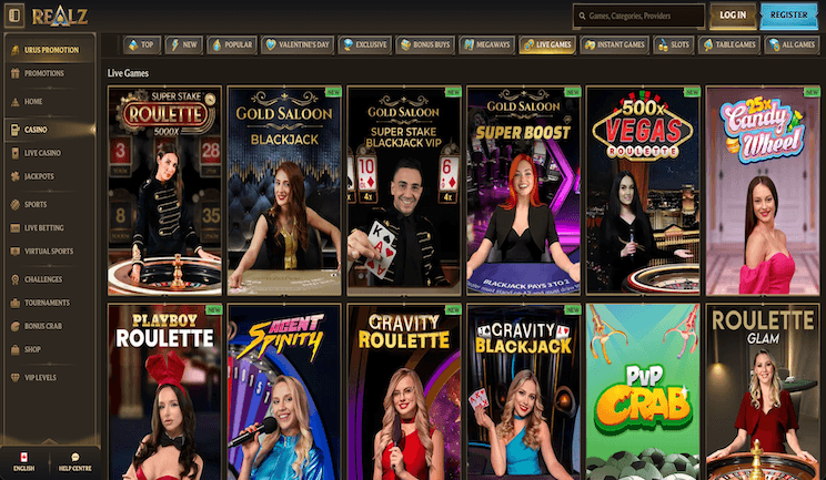 Realz Casino live gaming interface