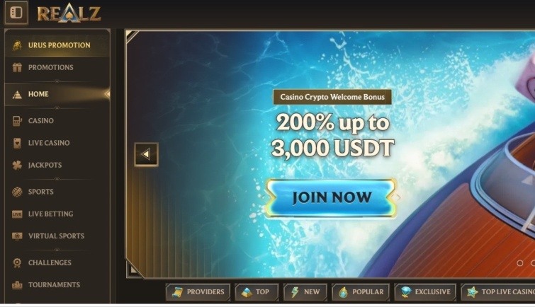 Interfaccia di Realz Casino con slot in evidenza