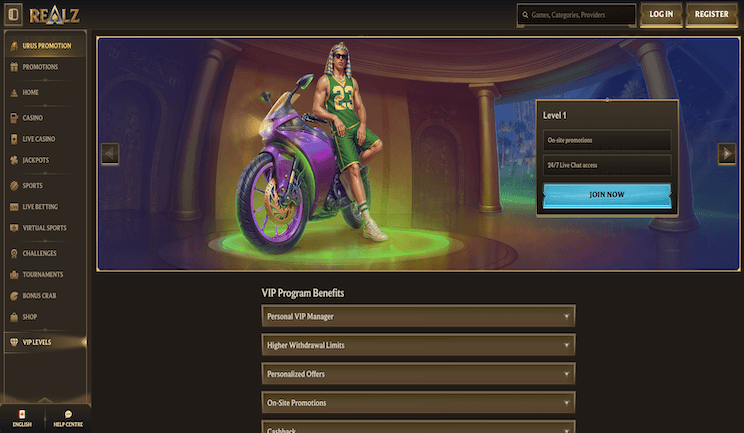 Interfaz VIP del Realz Casino mostrando niveles de recompensas