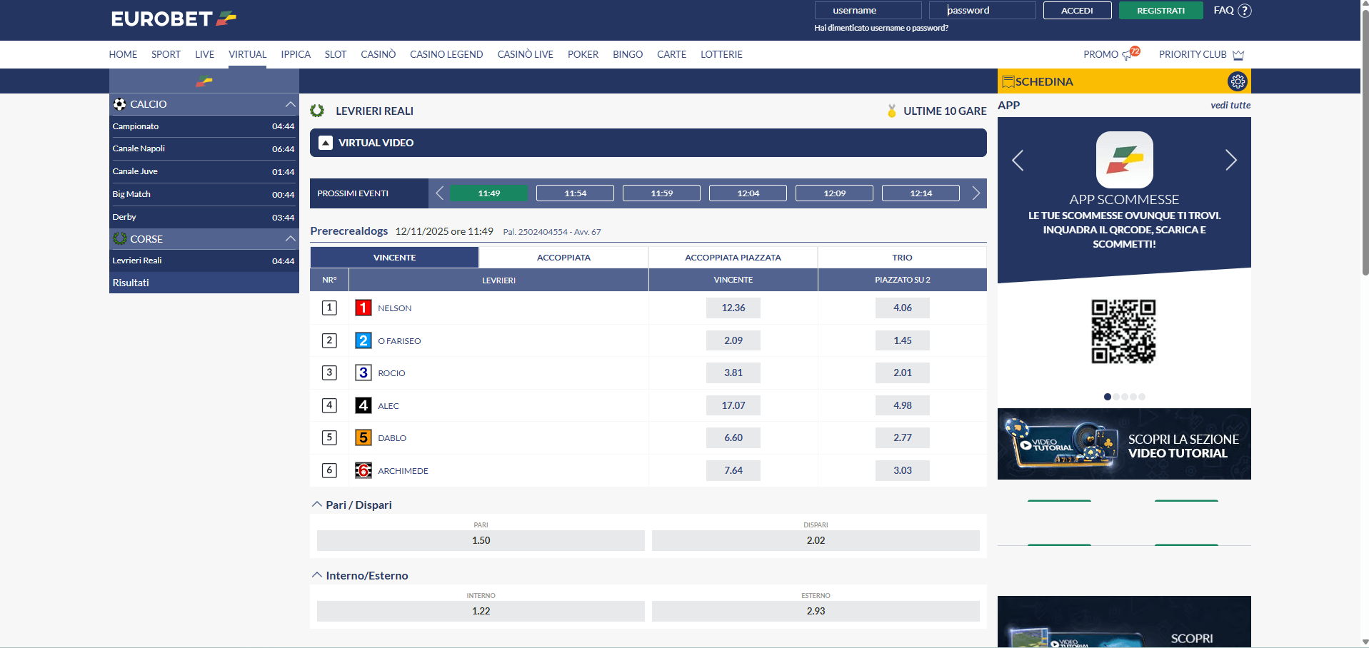 Interfaccia del portale EuroBet scommesse