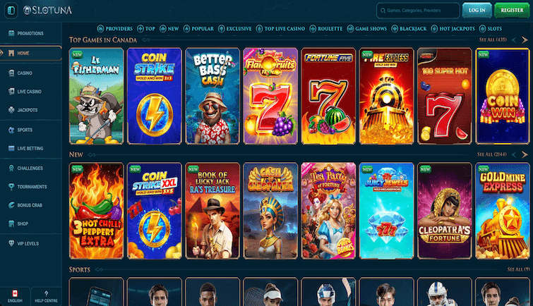 Interfaz de Slotuna Casino