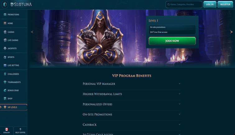 Interfaz VIP del cliente Slotuna mostrando niveles y beneficios exclusivos