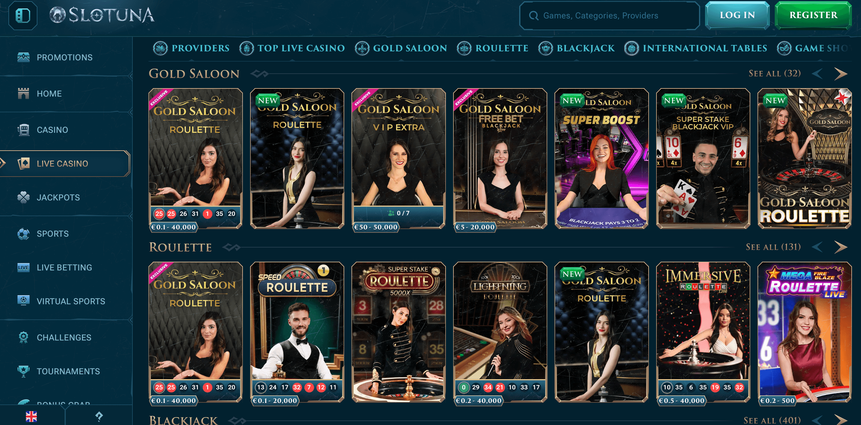 Captura del casino en vivo de Slotuna