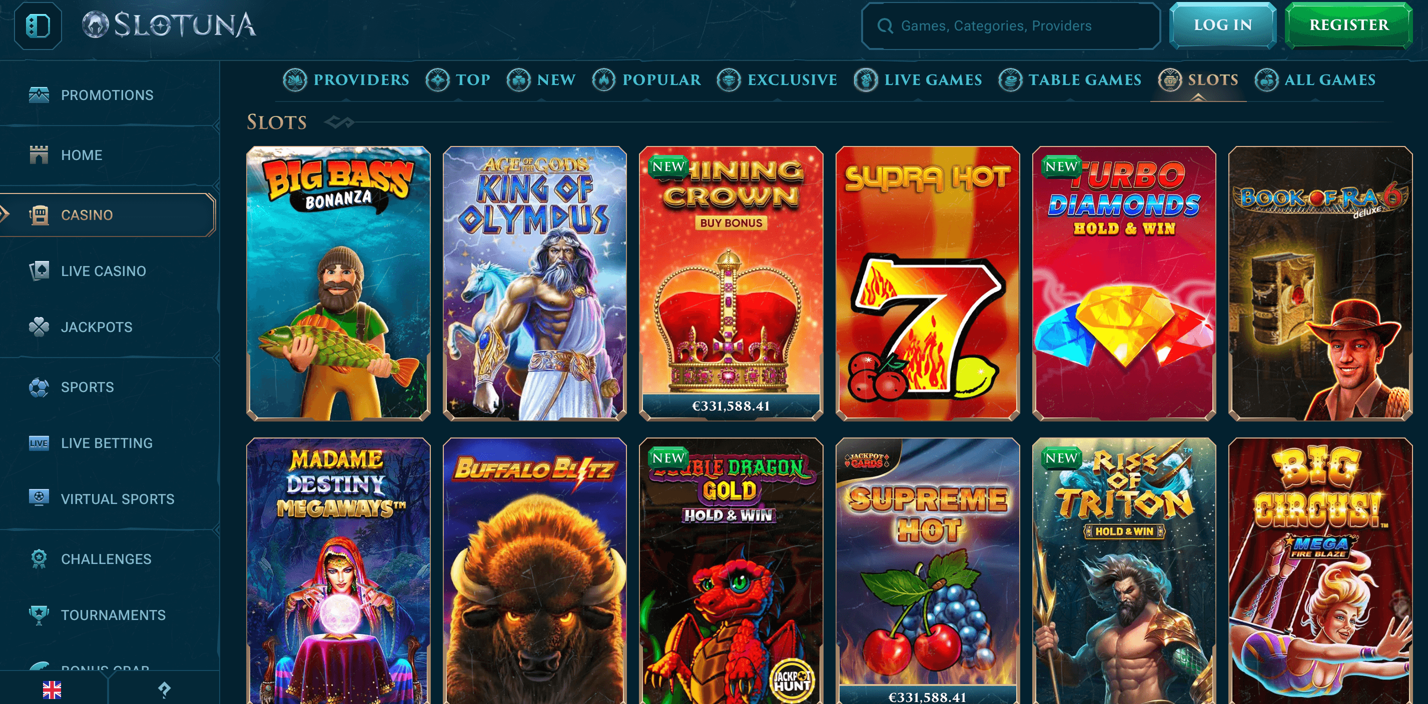 Interfaz de juegos de Slotuna mostrando tragamonedas populares