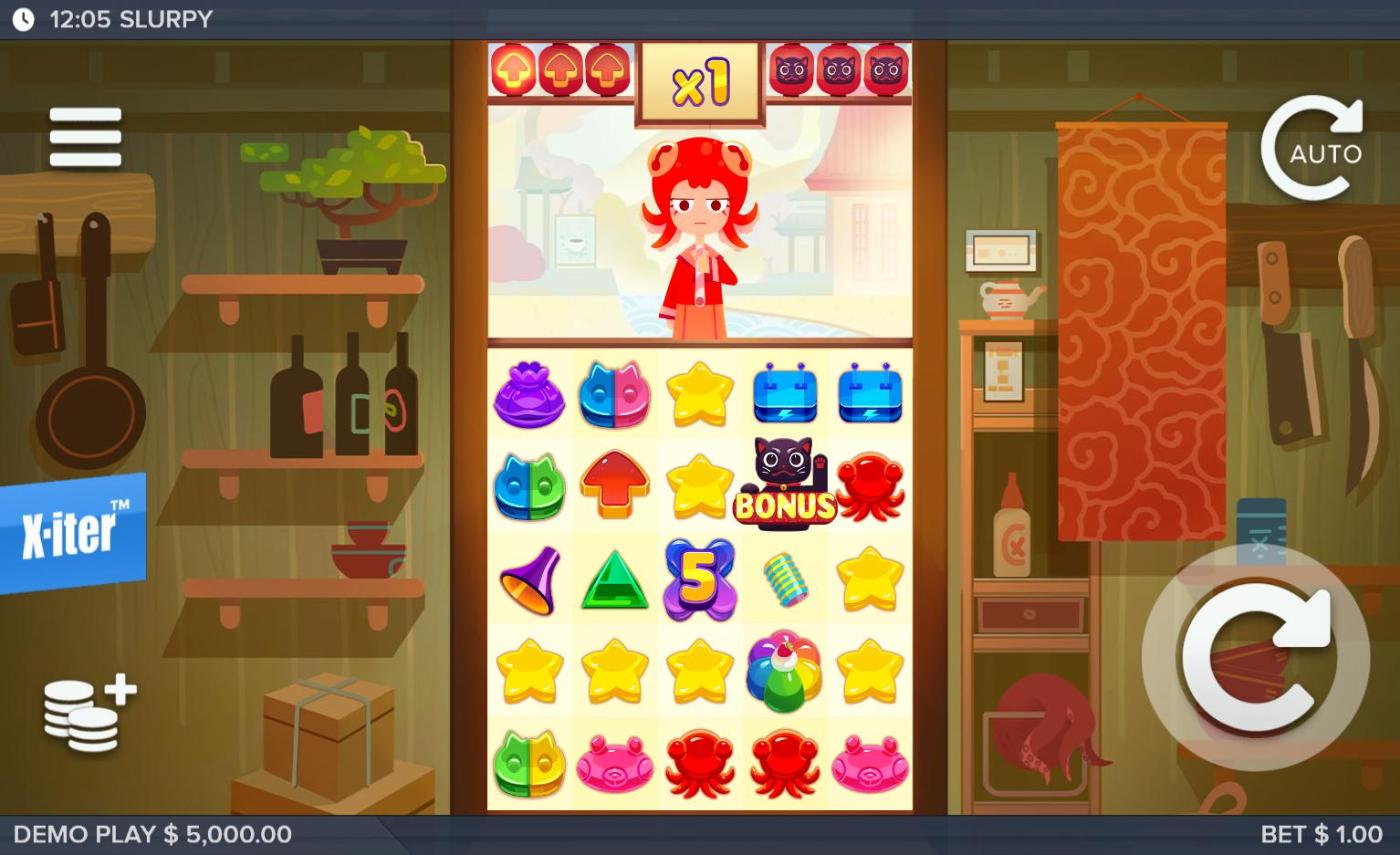 Slurpy från ELK Studios med 5x5-rutnät, en samlarfigur överst och multiplikatormätaren som visar x1